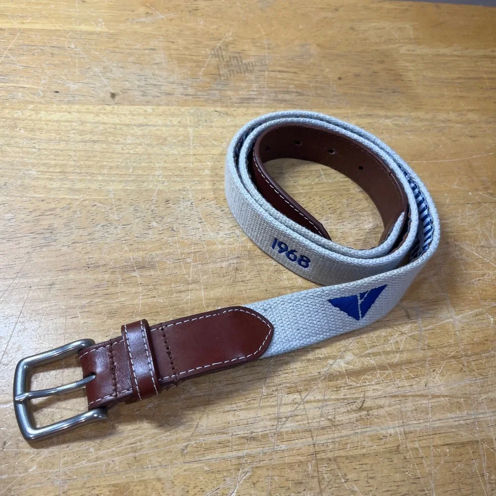 Peter Millar Mens Canvas Leather Belt Beige Brown Made in USA Size 42 Vtg Style